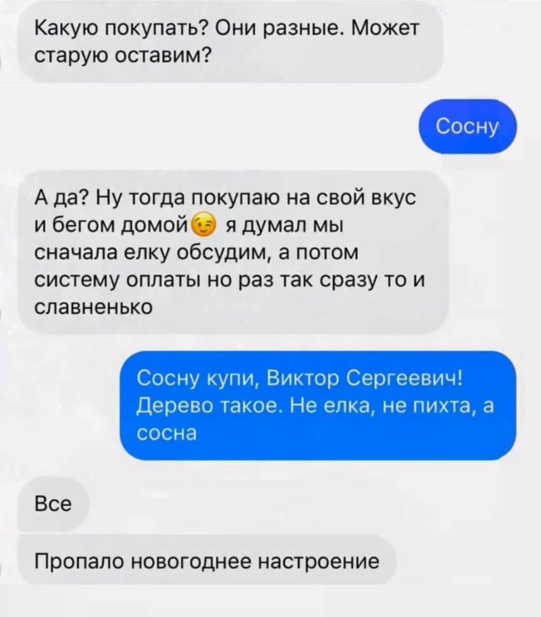 Какую покупать Они разные Может старую оставим А да Ну тогда покупаю на свой вкус ибегом домой я думал мы сначала елку обсудим а потом систему оплаты но раз так сразу то и славненько Все Пропало новогоднее настроение