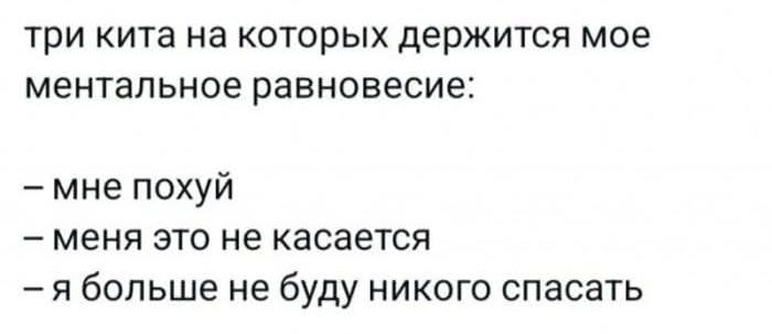 три кита на которых держится мое ментальное равновесие мне похуй меня это не касается я больше не буду никого спасать