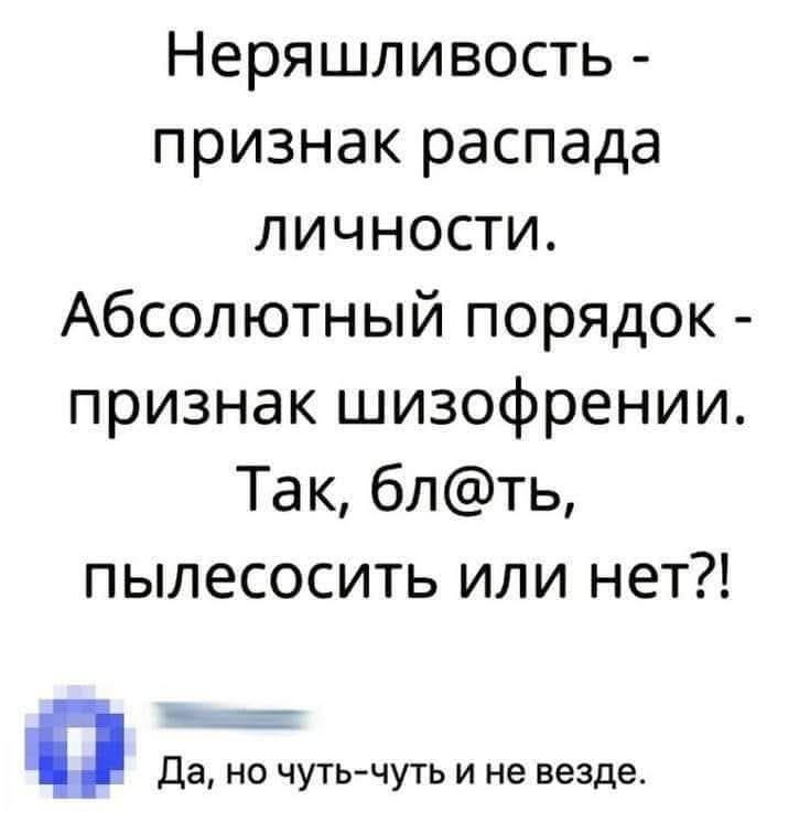 Неряшливость признак распада личности Абсолютный порядок признак шизофрении Так блть пылесосить или нет п Да но чуть чуть и не везде