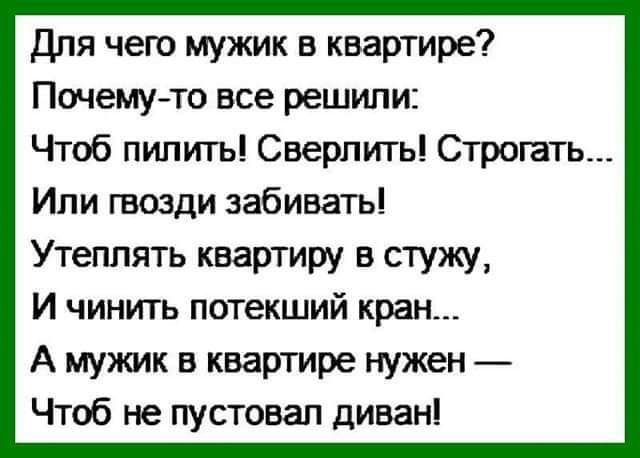 Для чего мужик в квартире Почему то все решили Чтоб пилить Сверлить Строгать Или гвозди забивать Утеплять квартиру в стужу И чинить потекший кран А мужик в квартире нужен Чтоб не пустовал диван