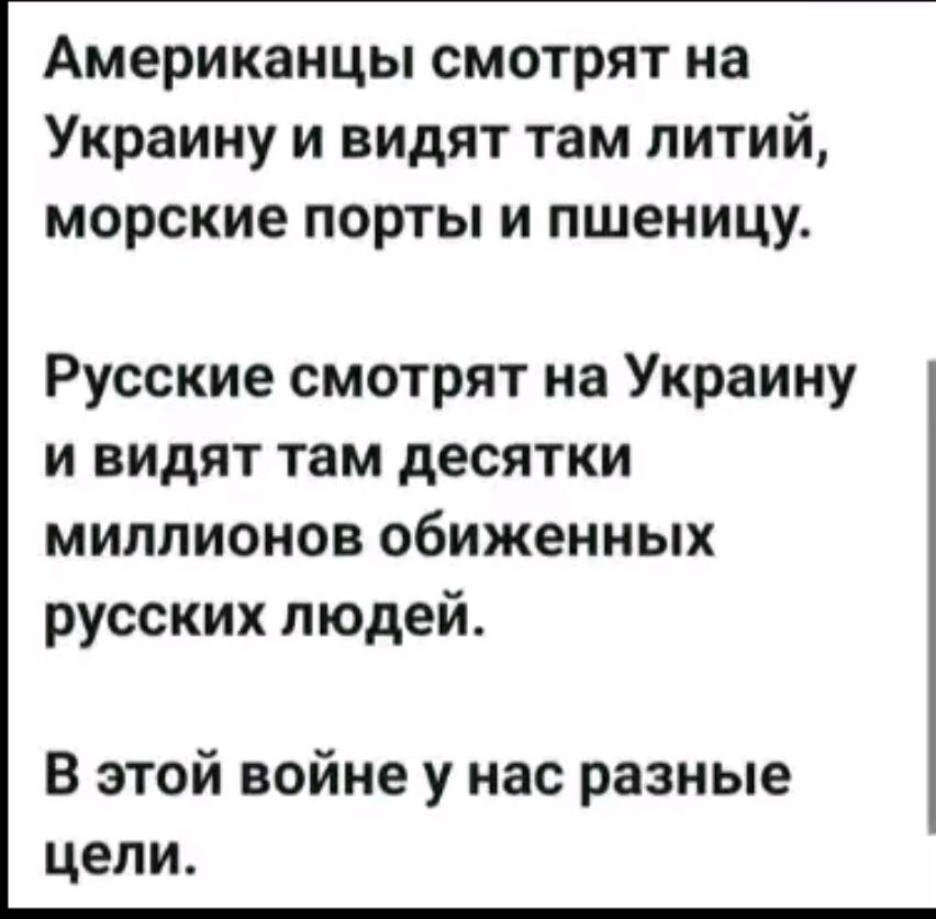 Американцы смотрят на Украину и видят там литий морские порты и пшеницу Русские смотрят на Украину и видят там десятки миллионов обиженных русских людей В этой войне у нас разные цели