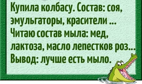 Купила колбасу Состав соя эмульгаторы красители Читаю состав мыла мед лактоза масло лепестков роз Вывод лучше есть мыло