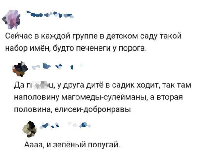 еоо уч Сейчас в каждой группе в детском саду такой набор имён будто печенеги у порога ь Да п 4ц у друга дитё в садик ходит так там наполовину магомеды сулейманы а вторая половина елисеи добронравы 4 КО Аааа и зелёный попугай