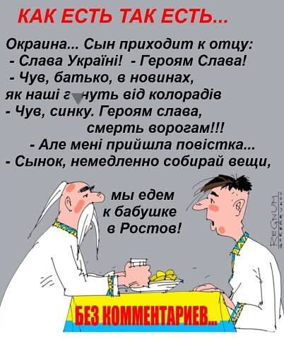 КАК ЕСТЬ ТАК ЕСТЬ Окраина Сын приходит к отцу Слава Украйн Героям Слава Чув батько в новинах як наш гуунуть в1д колорадв Чув синку Героям слава смерть ворогам Але мен прийшла повстка Сынок немедленно собирай вещи а 5 мы едем кбабушке А в Ростов е Ё З В 1292 Ёё