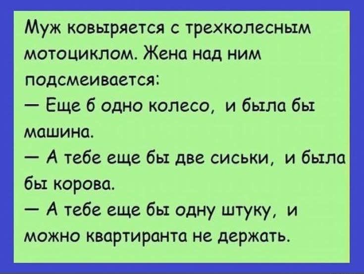 МЖ ковыряется с трехколесным мотоциклом Жена над ним подсмеивается Еще 6 одно колесо и была бы машина Атебе еще бы две сиськи и была бы корова Атебе еще бы одну штуку и можно квартиранта не держать