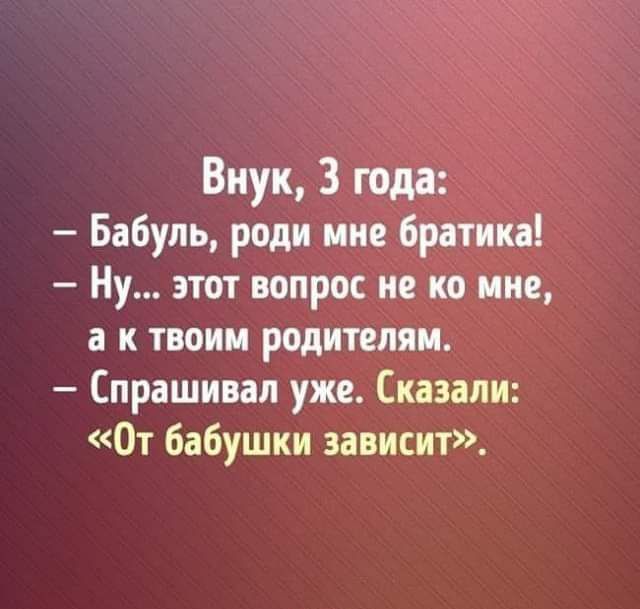 Внук, 3 года:
– Бабуль, роди мне братика! 
– Ну... этот вопрос не ко мне, а к твоим родителям. 
– Спрашивал уже. Сказали: «От бабушки зависит».