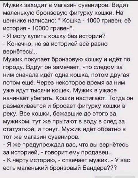 Мужик заходит в магазин сувениров. Видит маленькую бронзовую figurку кошки. На ценнике написано: 