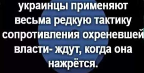 украинцы применяют весьма редкую тактику сопротивления охреневшей власти- ждут, когда она нажрётся.