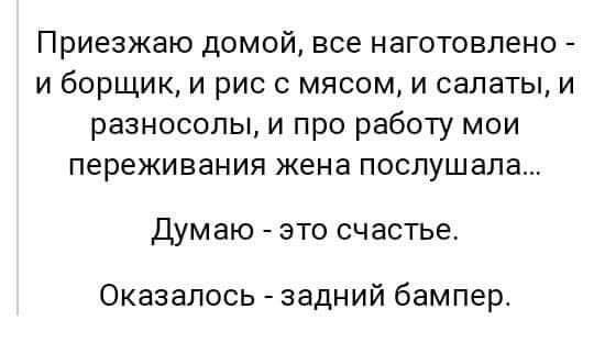 Приезжаю домой, все приготовлено - и борщик, и рис с мясом, и салаты, и разносолы, и про работу мои переживания жена послушала...

Думаю - это счастье.
Оказалось - задний бампер.