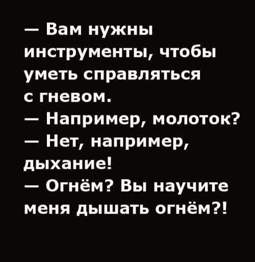 — Вам нужны инструменты, чтобы уметь справляться с гневом.
— Например, молоток?
— Нет, например, дыхание!
— Огнём? Вы научите меня дышать огнём?!