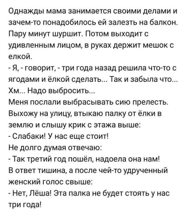 Однажды мама занимается своими делами и зачем-то понадобилось ей залезть на балкон. Пару минут шуршит. Потом выходит с удивленным лицом, в руках держит мешок с ёлкой.
 - Я, - говорит, - три года назад решила что-то с ягодами и ёлкой сделать... Так и забыла что...
 Хм... Надо выбросить...
 Меня послали выбрасывать сию прелесть. Выхожу на улицу, втыкаю палку от ёлки в землю и слышу крик с этажа выше:
 - Слабак! У нас еще стоит!
 Не долго думая отвечаю:
 - Так третий год пошёл, надела она нам!
 В ответ тишина, а после человек с удручённым врачебным голосом свыше:
 - Нет, Лёша! Эта палка не будет стоять у нас три года!