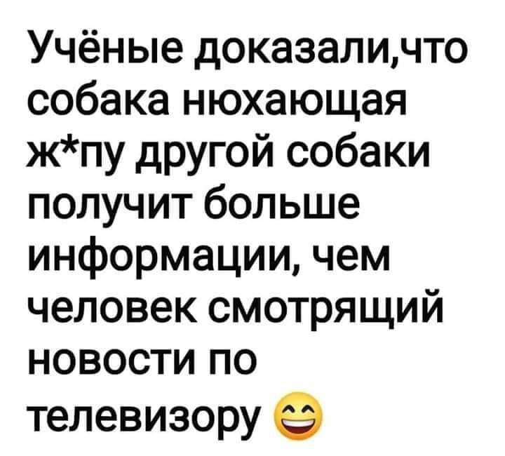 Учёные доказали,что собака нюхающая ж*пу другой собаки получит больше информации, чем человек смотрящий новости по телевизору 😊