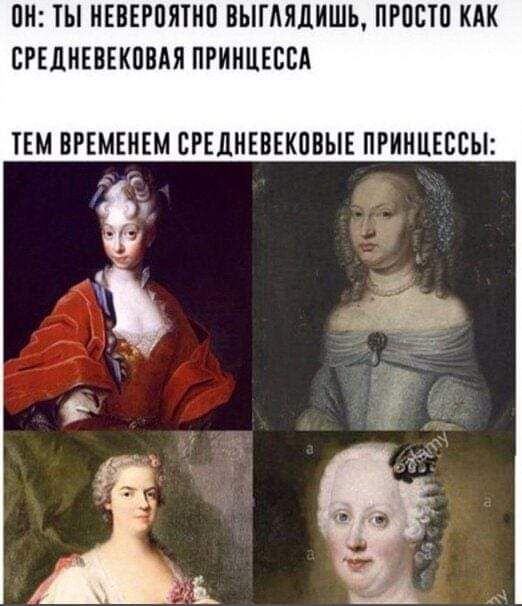 ОН: ТЫ Невероятно выглядишь, просто как средневековая принцесса
ТЕМ ВРЕМЕНЕМ СРЕДНЕВЕКОВЫЕ ПРИНЦЕССЫ: