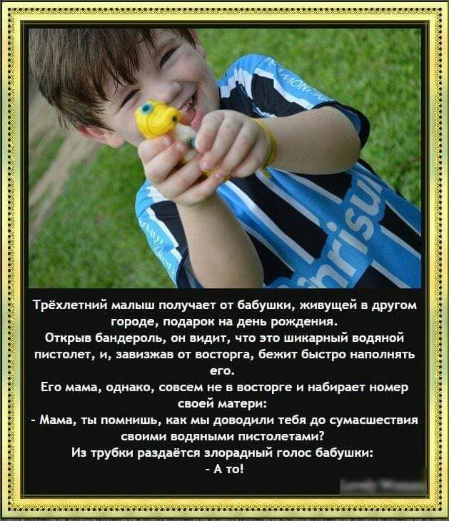 Трёхлетний малыш получает от бабушки, живущей в другом городе, подарок на день рождения.
Открыв бандероль, он видит, что это шикарный водяной пистолет, и, завизжав от восторга, бежит быстро наполнять его.
Его мама, однако, совсем не в восторге и набирает номер своей матери:
- Мама, ты помнишь, как мы довели тебя до сумасшествия своими водяными пистолетами?
Из трубки раздаётся злорадный голос бабушки:
- А то!