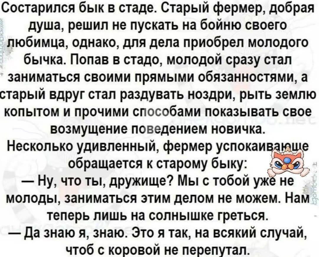 Состарился бык в стаде. Старый фермер, добрая душа, решил не пускать на бойню своего любимца, однако, для дела приобрел молодого бычка. Попав в стадо, молодой сразу стал заниматься своими прямыми обязанностями, а старый вдруг стал раздувать ноздри, рыть землю копытом и прочими способами показывать свое возмущение поведением новичка.
Несколько удивленный, фермер успокаивая, обращается к старому быку:
— Ну, что ты, дружище? Мы с тобой уже не молоды, заниматься этим делом не можем. Нам теперь лишь на солнышке греться.
— Да знаю я, знаю. Это я так, на всякий случай, чтобы с коровой не перепутал.