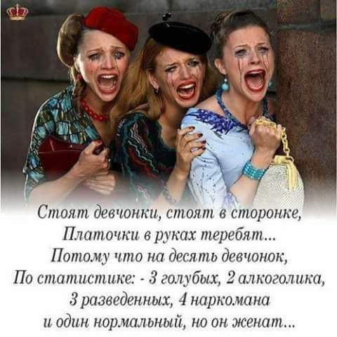 Стоят девчонки, стоят в сторонке, Платочки в руках теребят... Потому что на десять девчонок, По статистике: 3 голубых, 2 алкоголика, 3 разведенных, 4 наркомана и один нормальный, но онженит...
