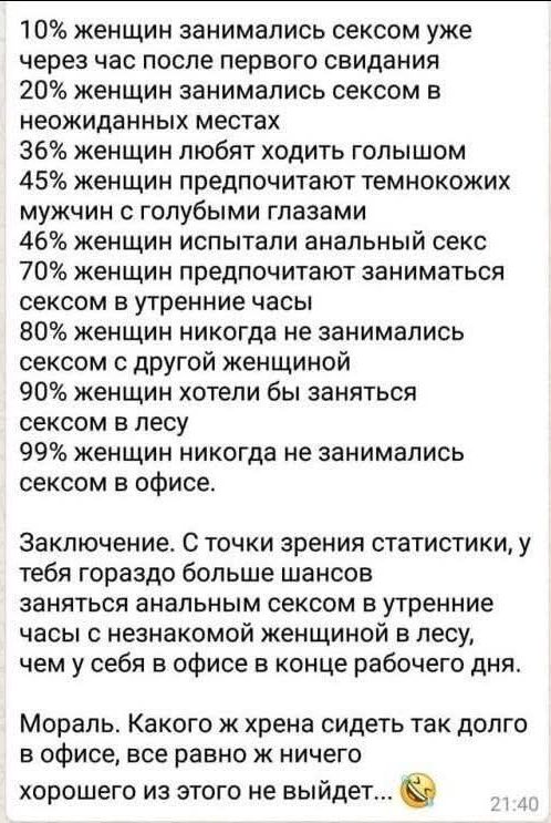 10% женщин занимались сексом уже через час после первого свидания
20% женщин занимались сексом в неожиданны... 

Заключение. С точки зрения статистики, у тебя гораздо больше шансов заняться анальным сексом в утренние часы с незнакомой женщиной в лесу, чем у себя в офисе в конце рабочего дня.

Мораль. Какого ж хрена сидеть так долго в офисе, все равно из ничего хорошего из этого не выйдет...