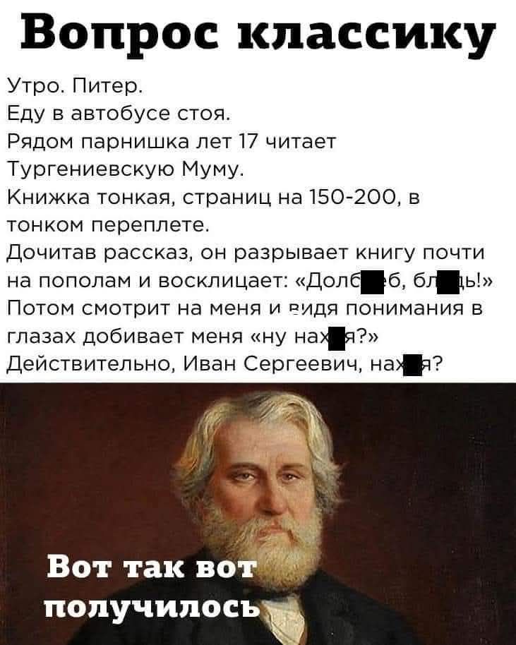 Утро. Питер.
Еду в автобусе стоя.
Рядом парнишка лет 17 читает Тургеневскую Муму.
Книжка тонкая, страниц на 150-200, в тонком переплете.
Дочитав рассказ, он разрывает книгу почти на пополам и восклицает: «Долбо***, б***!»
Потом смотрит на меня и вида понимания в глазах добивает меня «ну нах**?»
Действительно, Иван Сергеевич, нах**?
Вот так вот получилось