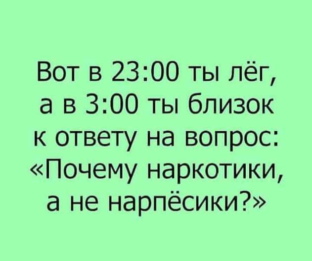Вот в 23:00 ты лёг, а в 3:00 ты близок к ответу на вопрос: «Почему наркотики, а не нарпёсики?»