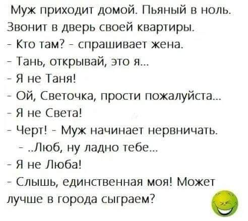 Муж приходит домой. Пьяный в ноль.
Звонит в дверь своей квартиры.
- Кто там? - спрашивает жена.
- Таня, открывай, это я...
- Я не Таня!
- Ой, Светочка, прости пожалуйста...
- Я не Света!
- Черт! - Муж начинает нервничать.
- ...Люб, ну ладно тебе...
- Я не Люба!
- Слышь, единственная моя! Может лучше в городе сыграем?