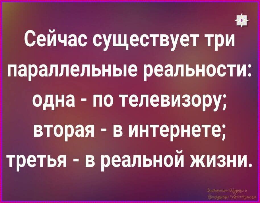 Сейчас существует три параллельные реальности: одна - по телевизору; вторая - в интернете; третья - в реальной жизни.