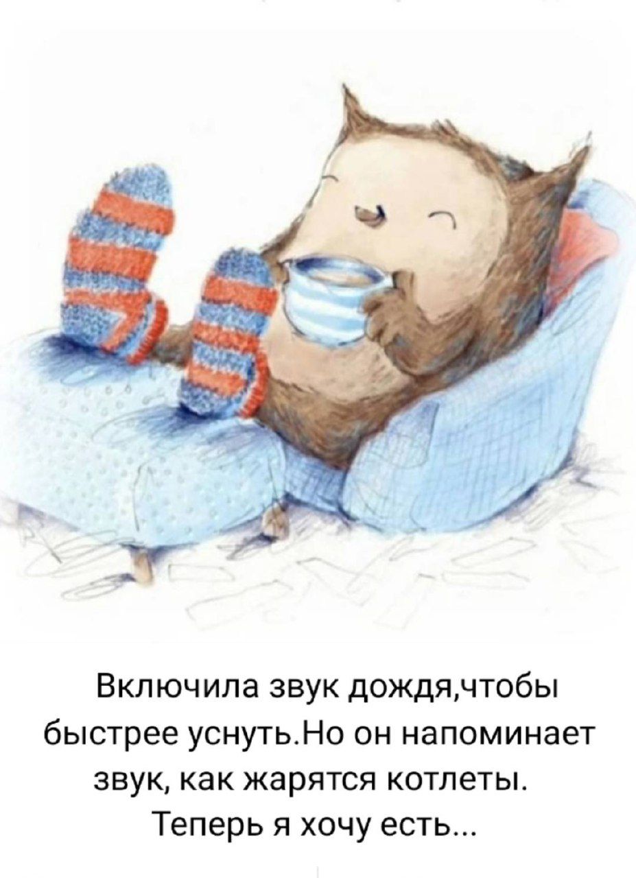 Включила звук дождя, чтобы быстрее уснуть. Но он напоминает звук, как жарятся котлеты. Теперь я хочу есть...