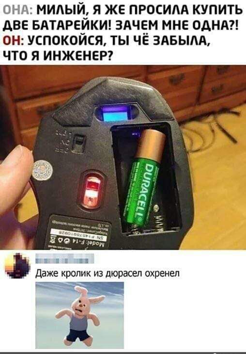МИЛЫЙ, Я ЖЕ ПРОСИЛА КУПИТЬ ДВЕ БАТАРЕЙКИ! ЗАЧЕМ МНЕ ОДНА?! ОН: УСПОКОЙСЯ, ТЫ ЧЁ ЗАБЫЛА, ЧТО Я ИНЖЕНЕР? Даже кролик из дюрасел охренел