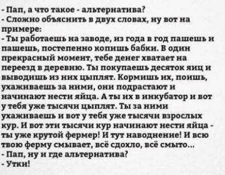 Пап, а что такое - альтернатива?
- Сложно объяснить в двух словах, ну вот на примере:
- Ты работаешь на заводе, из года в год пашешь и пашешь, постепенно копишь бабки. В один прекрасный момент, тебе денег хватает на переезд в деревню. Ты покупаешь десяток яиц и выводишь из них цыплят. Кормить их, поить, указывать, как они подрастают и начинают нести яйца. А ты их в инкубатор и вот у тебя уже тысяч цыпляр. Ты за ними указываешь и вот у тебя уже тысяч взрослых кур. И вот тысяча кур начинают нести яйца - ты уже крутой фермер! И тут наводнение! И все тут тебе миром сносит, всё сложно, ведь смыто...
- Утки!
- Пап, ну и где альтернатива?