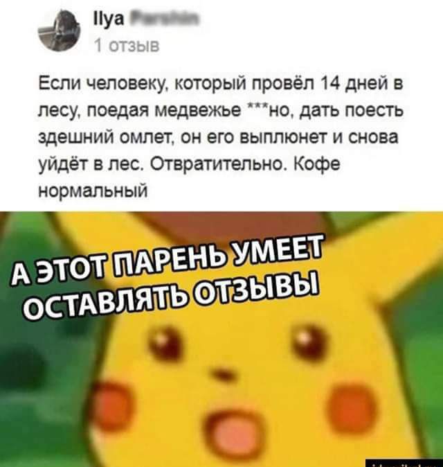 Если человеку, который провёл 14 дней в лесу, поедая медвежье ***но, дать поесть здешний омлет, он его выпьет и снова уйдёт в лес. Отвратительно. Кофе нормальный
А ЭТОТ ПАРЕНЬ УМЕЕТ ОСТАВЛЯТЬ ОТЗЫВЫ