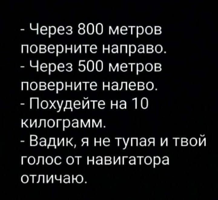 Через 800 метров поверните направо.
Через 500 метров поверните налево.
-Похудейте на 10 килограмм.
-Вадик, я не тупая и твой голос от навигатора отличаю.