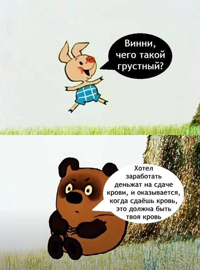 Винни, чего такой грустный?
Хотел заработать денег на сдаче крови, и оказывается, когда сдаёшь кровь, — это должна быть твоя кровь.