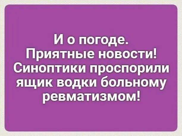 И о погоде. Приятные новости! Синоптики проспорили ящик водки больному ревматизмом!