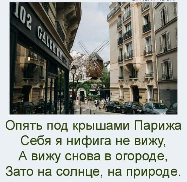 Опять под крышами Парижа
Себя я нифига не вижу,
А вижу снова в огороде,
Зато на солнце, на природе.