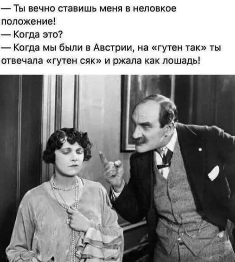 Ты вечно ставишь меня в неловкое положение! — Когда это? — Когда мы были в Австрии, на «гутен так» ты отвечала «гутен сяк» и ржала как лошадь!