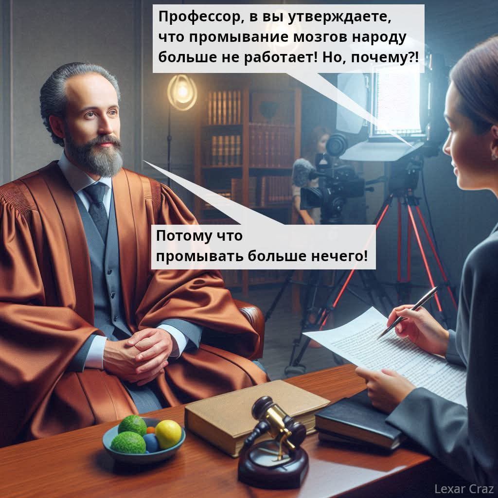 Профессор, в вы утверждаете, что промывание мозгов народу больше не работает! Но, почему?!
Потому что промывать больше нечего!