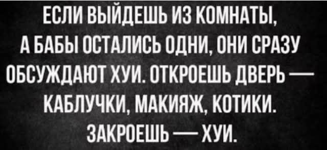 ЕСЛИ ВЫЙДЕШЬ ИЗ КОМНАТЫ, А БАБЫ ОСТАЛИСЬ ОДНИ, ОНИ СРАЗУ ОБСУЖДАЮТ ХУИ. ОТКРОЕШЬ ДВЕРЬ — КАБЛУЧКИ, МАКИЯЖ, КОТИКИ. ЗАКРОЕШЬ — ХУИ.
