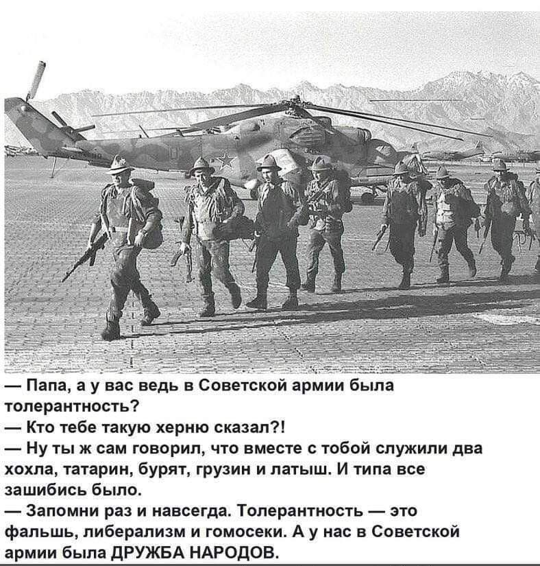 — Папа, а у вас ведь в Советской армии была толерантность?  
— Кто тебе такую херню сказал?!  
— Ну ты ж сам говорил, что вместе с тобой служили два хохла, татарин, бурят, грузин и латыш. И типа все зашибись было.  
— Запомни раз и навсегда. Толерантность — это фальшь, либерализм и гомосексия. А у нас в Советской армии была ДРУЖБА НАРОДОВ.