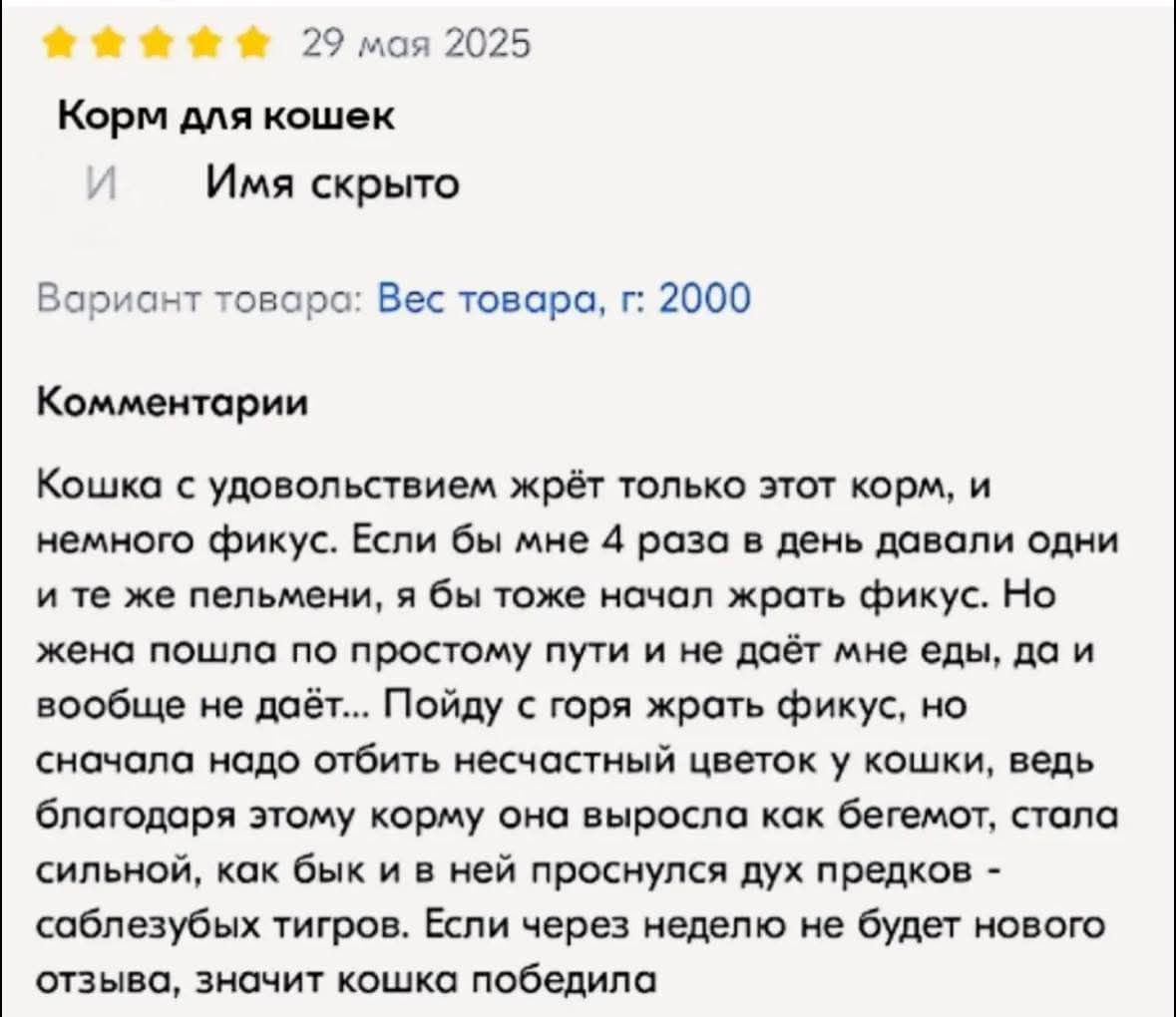 Корм для кошек

29 мая 2025

Кошка с удовольствием жрёт только этот корм, и немного фикус. Если бы мне 4 раза в день давали одни и те же пельмени, я бы тоже начал жрать фикус. Но жена пошла по простому пути и не даёт мне еды, да и вообще не даёт... Пойду с горя жрать фикус, но сначала надо отбитись несчастных цветков у кошки, ведь благодаря этому корму она выросла совсем сильной, как бы и в ней проснулся дух предков - саблезубых тигров. Если через недельку не будет нового отзыва, значит кошка победила.