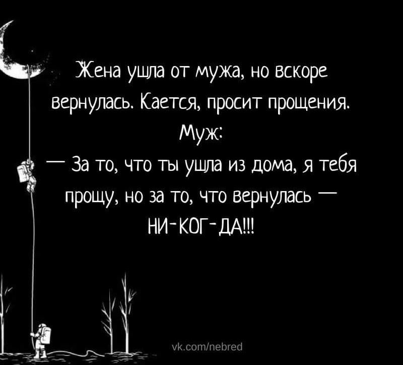 Жена ушла от мужа, но вскоре вернулась. Кажется, просит прощения. Муж:
— За то, что ты ушла из дома, я тебя прощу, но за то, что вернулась — НИ-КОГ-ДА!!!