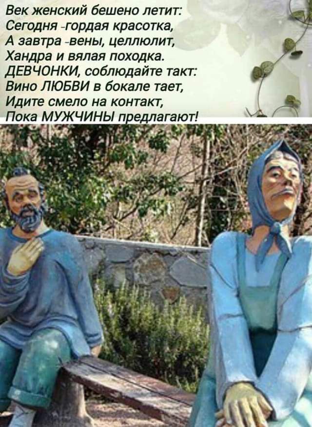 Век женский бешено летит: Сегодня -гордая красавка, А завтра -вены, целлюлит, Хандра и вялое похоже. ДЕВЧОНКИ, соблюдайте такт: Вино ЛЮБВИ в бокале тает, Идите смело на контакт, Пока МУЖЧИНЫ предлагают!