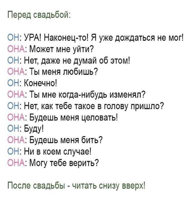 Перед свадьбой:
ОН: УРА! Наконец-то! Я уже дождаться не мог!
ОНА: Может мне уйти?
ОН: Нет, даже не думай об этом!
ОНА: Ты меня любишь?
ОН: Конечно!
ОНА: Ты мне когда-нибудь изменял?
ОН: Нет, как тебе такое в голову пришло?
ОНА: Будешь меня целовать?
ОН: Буду!
ОНА: Будешь меня бить?
ОН: Ни в коем случае!
ОНА: Могу тебе верить?

После свадьбы - читать снизу вверх!