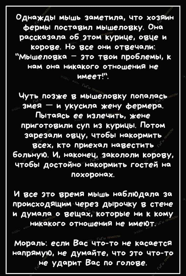 Однажды мышь заметила, что хозяин фермы поставил мышеловку. Она рассказала об этом курице, овце и корове. Но все они отвечали: 