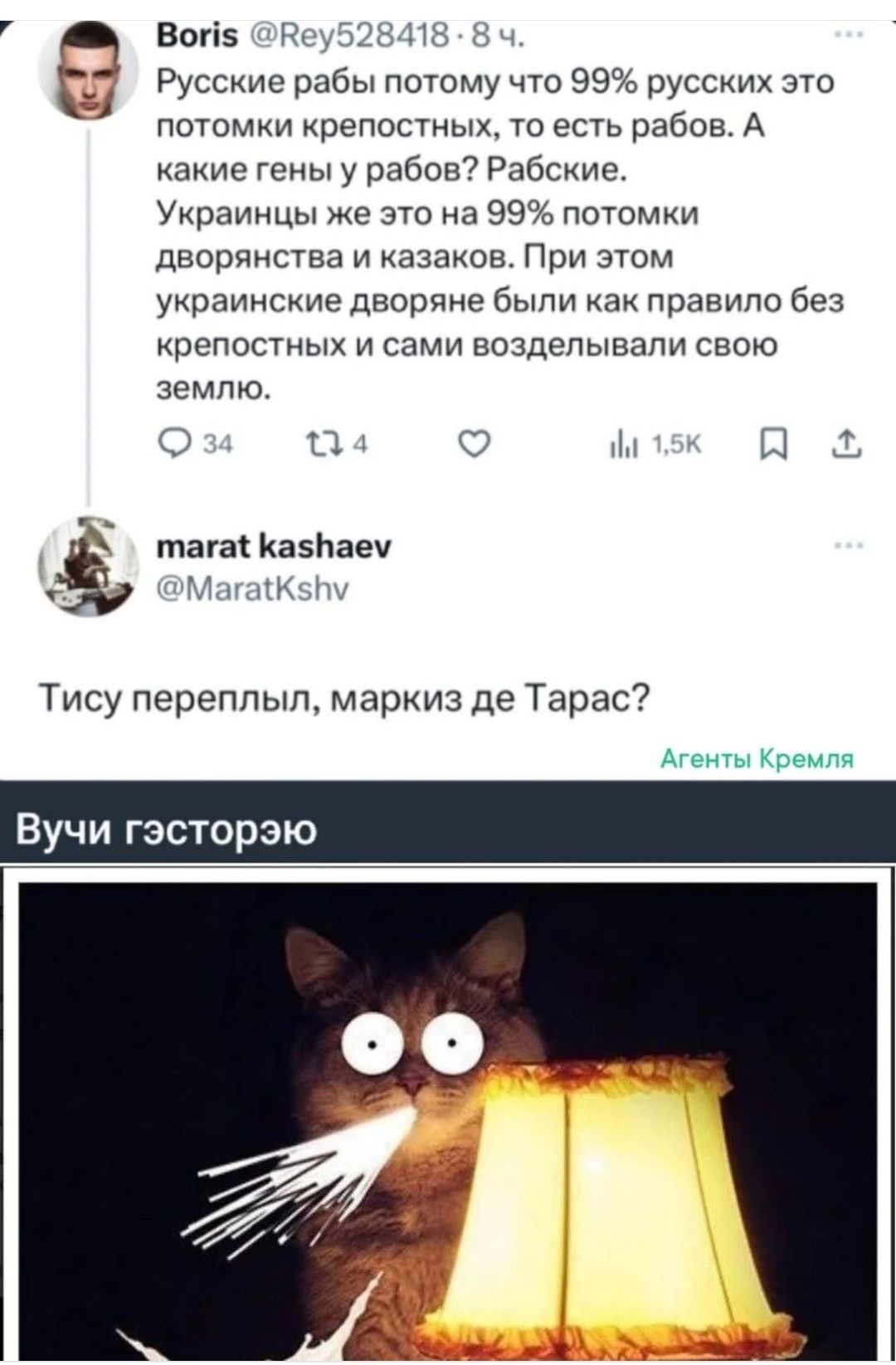 Русские рабы потому что 99% русских это потомки крепостных, то есть рабов. А какие гены у рабов? Рабские.
Украинцы же это на 99% потомки дворянства и казаков. При этом украинские дворяне были как правило без крепостных и сами возделывали свою землю.

Тису переплыл, марквиз де Тарас?

Учти гесторёю