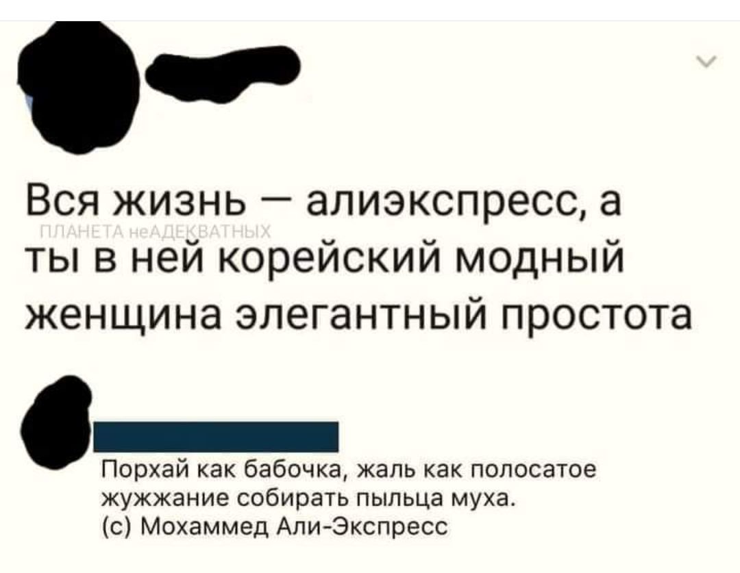 Вся жизнь — алиэкспресс, а ты в ней корейский модный женщина элегантный простота
Порчай как бабочка, жаль как полосатое жужжание собирать пыльца муха.
(c) Мохаммед Али-Экспресс