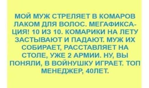 МОЙ МУЖ СТРЕЛЯЕТ В КОМАРОВ ЛАКОМ ДЛЯ ВОЛОС. МЕГАФИКСАЦИЯ! 10 ИЗ 10. КОМАРИКИ НА ЛЕТУ ЗАСТЫВАЮТ И ПАДАЮТ. МУЖ ИХ СОБИРАЕТ, РАСТАВЛЯЕТ НА СТОЛЕ, УЖЕ 2 АРМИИ. НУ, ВЫ ПОНЯЛИ, В ВОЙНУШКУ ИГРАЕТ. ТОП МЕНЕДЖЕР, 40ЛЕТ.