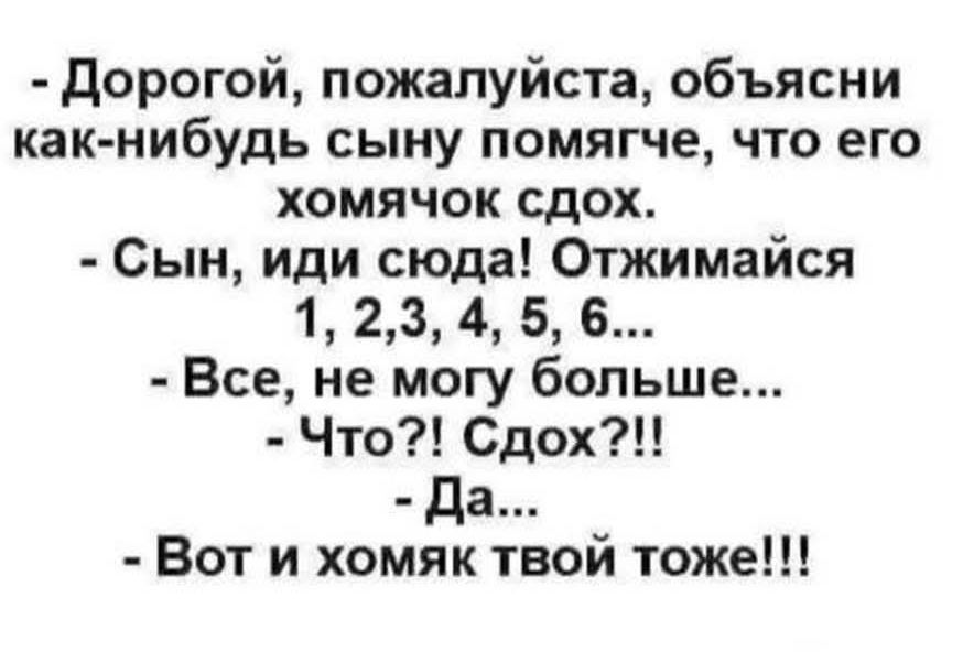 - Дорогой, пожалуйста, объясни как-нибудь сыну помягче, что его хомячок сдох.
- Сын, иди сюда! Отжимайся 1, 2, 3, 4, 5, 6...
- Все, не могу больше...
- Что?! Сдох?!?!
- Да...
- Вот и хомяк твой тоже!!!