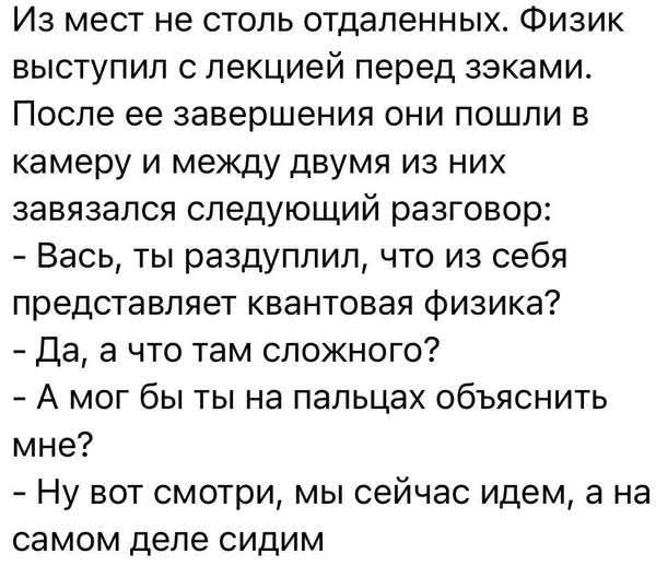 Из мест не столь отдаленных. Физик выступил с лекцией перед экзаменами. После ее завершения они пошли в камеру и между двумя из них завязался следующий разговор:
- Вас, ты раздулил, что из себя представляет квантовая физика?
- Да, а что там сложного?
- А мог бы ты на пальцах объяснить мне?
- Ну вот смотри, мы сейчас идем, а на самом деле сидим.