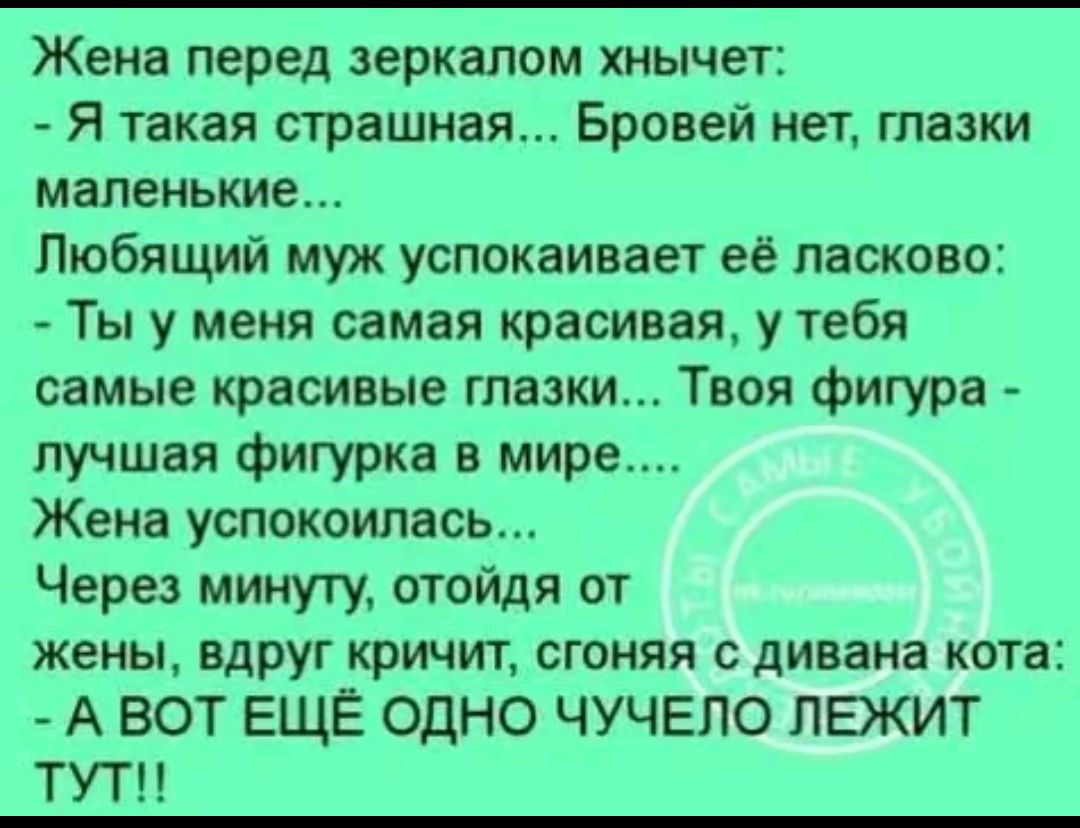 Жена перед зеркалом хнычит:  - Я такая страшная... Бровей нет, глазки маленькие... Любящий муж успокаивает её ласково:  - Ты у меня самая красивая, у тебя самые красивые глазки... Твоя фигура - лучшая фигура в мире.... Жена успокоилась... Через минуту, отойдя от жены, вдруг кричит, сгоняя с дивана кота:  - А ВОТ ЕЩЁ ОДНО ЧУЧЕЛО ЛЕЖИТ ТУТ!!