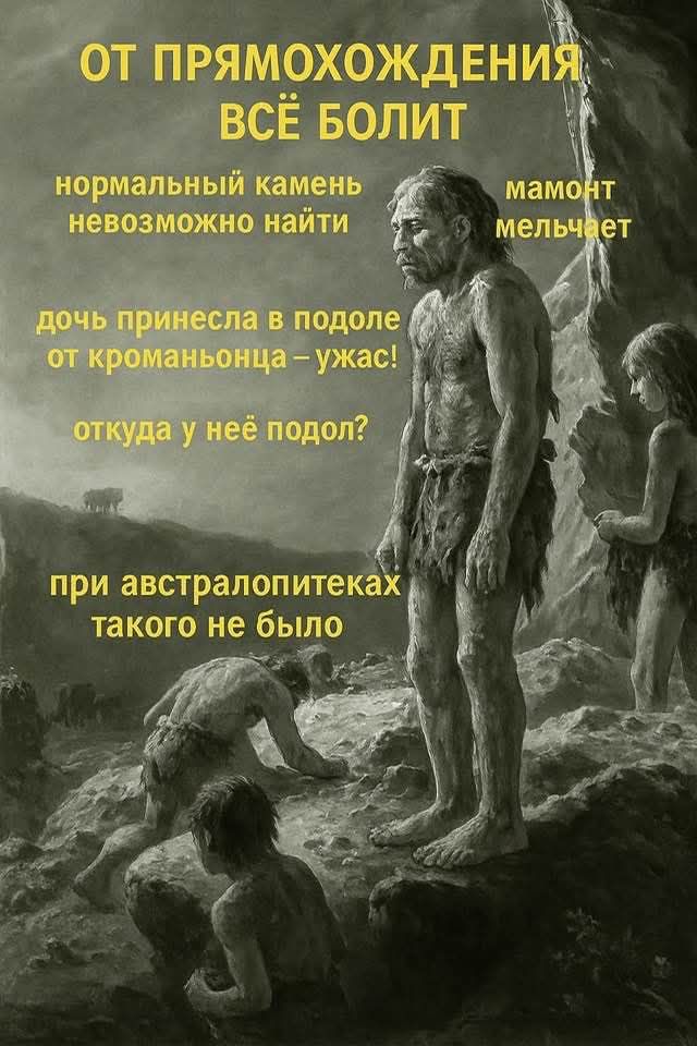 ОТ ПРЯМОХОЖДЕНИЯ ВСЁ БОЛИТ
нормальный камень невозможно найти
мамонт мелчает
dочь принесла в подоле от кроманьонца – ужас!
откуда у неё подол?
при австралопитеках такого не было