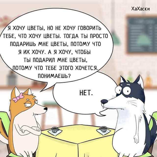 Я хочу цветы, но не хочу говорить тебе, что хочу цветы. Тогда ты просто подаришь мне цветы, потому что я их хочу. А я хочу, чтобы ты подарил мне цветы, потому что ты тебе этого хочется, понимаешь? НЕТ.